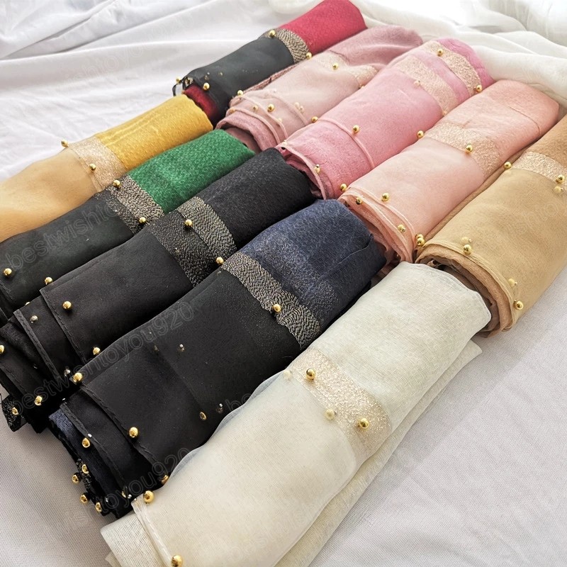

Lace Yarn Patchwork Beaded Long Scarf Hijab Fashion Women Party Turban Shawls Headwear Bandanas Scarves