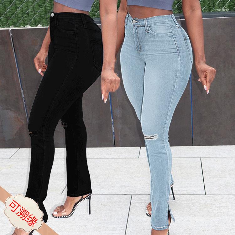 

Women's Jeans ZT60343 Women's 2022 Summer Fashion Casual Retro Slim Fit Ripped Denim Trousers Pencil Pants Women, Black