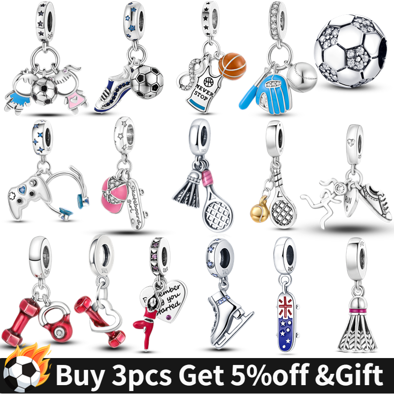 

925 Sterling Silver Dangle Charm Women Beads High Quality Jewelry Gift Wholesale 2022 World Football Sport Soccer Dumbbell Yoga Bead Fit Pandora Charms Bracelet DIY