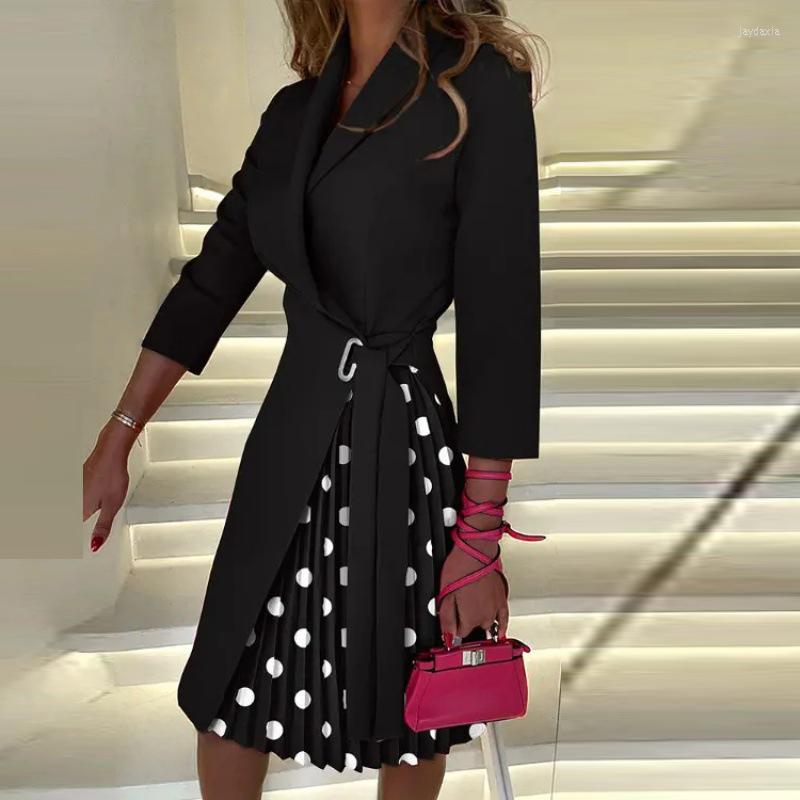 

Casual Dresses Vintage Women Printing Lace Up Party Dress Autumn Fashion Lapel Long Sleeve Patchwork Midi Office Lady Pleated Vestidos, Style 1