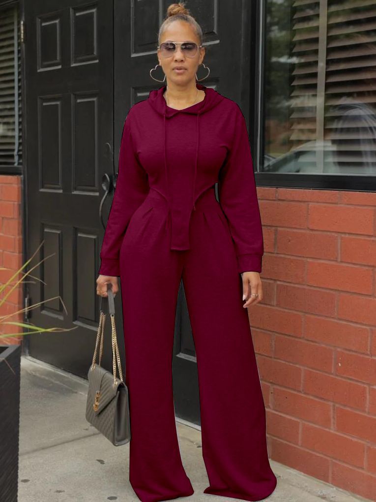 

Women' Two Piece Pants Men' Tracksuits MUDAN Autumn and Winter Sexy Women' Dress Solid Pleated Casual Long Sleeve Wide Leg Two Piece Set 221006, Cq191 black