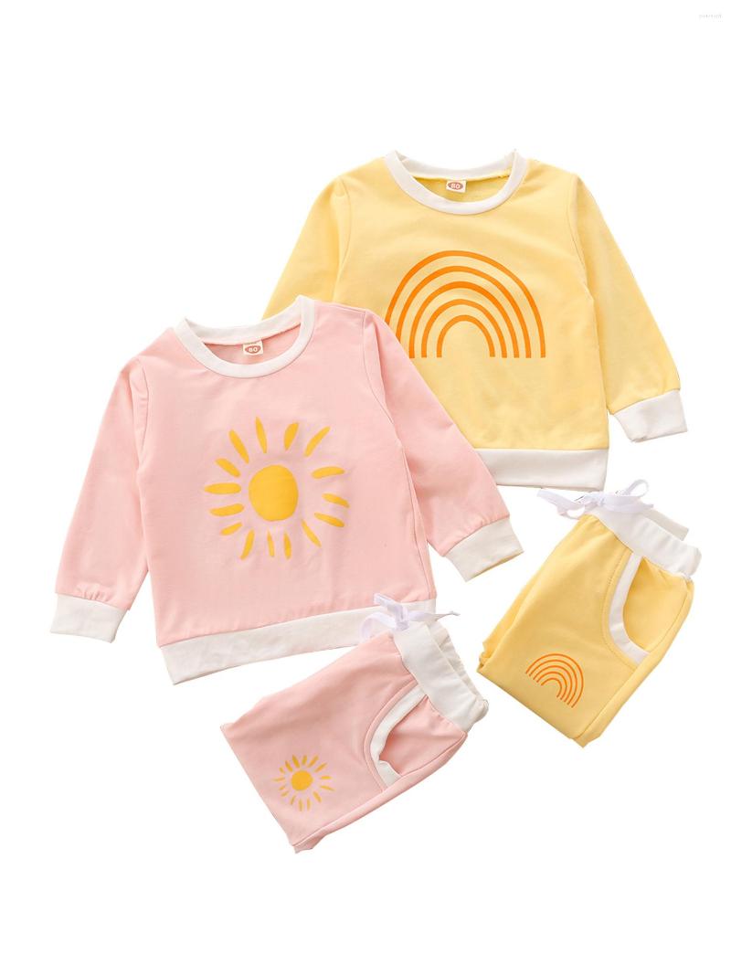 

Clothing Sets Kids Spring Tracksuit Sun/Rainbow Print Round-Neck Long Sleeves T-Shirt Tied Waist Pants For Little Girls 1-5 Years, Pink