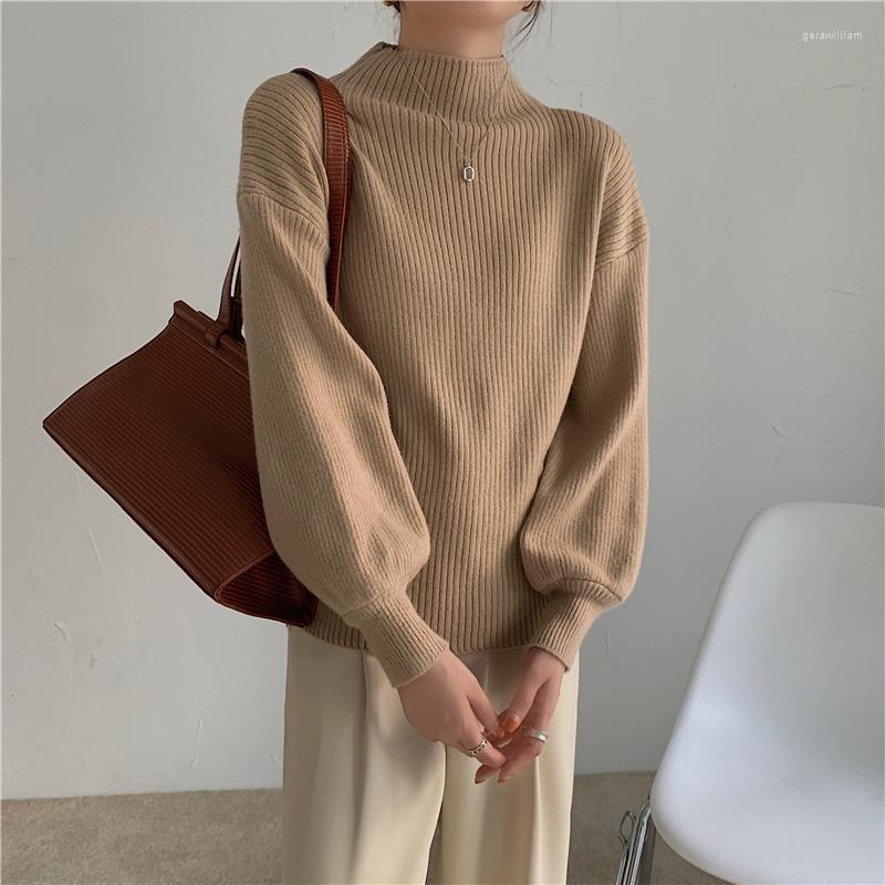 

Women's Sweaters Women Bottoming Knitted Sweater Ladies Autumn Winter Casual Lantern Sleeve Mock Neck Sueter Female Fashion Korean Pullovers, Khaki