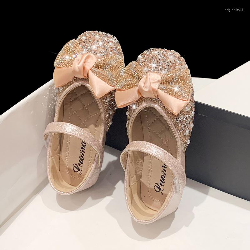 

Athletic Shoes 2022 Autumn Casual Non-slip Girls Leather Kids Diamond Bow Soft-soled Crystal Princess Student Dande Performance, Pink