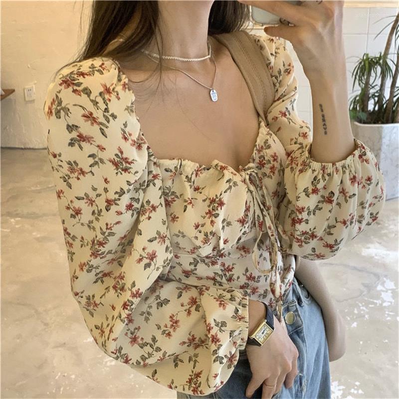 

Women' Blouses Women Fashion Retro Kawaii European Style Short Chiffon Puff Sleeve Floral Sweet Girls Spring Casual Temperament Chic, As shown