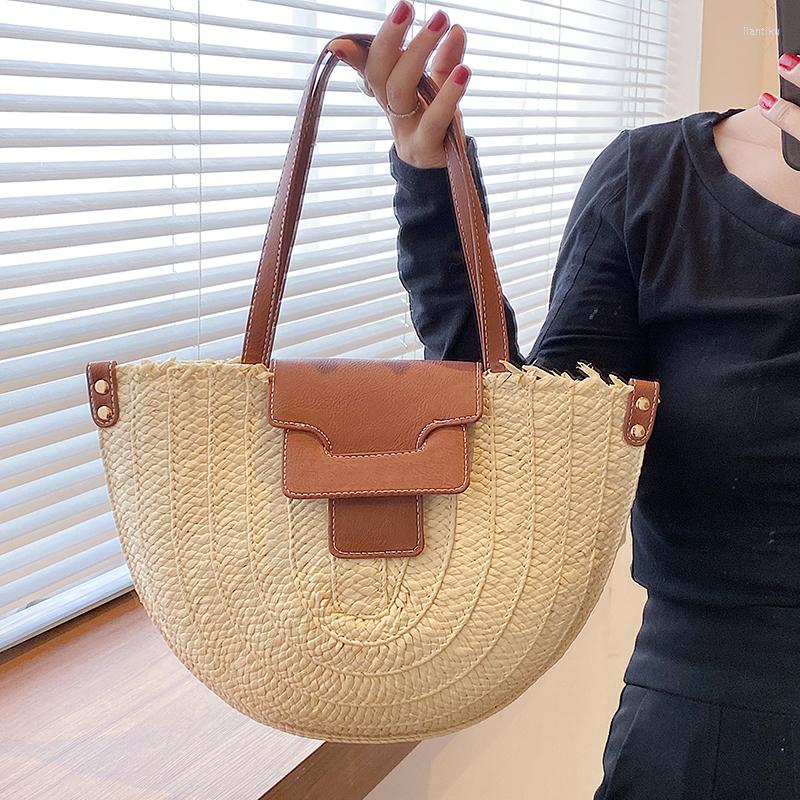 

Evening Bags Casual Women Straw Handbags High Quality Ladies Shoulder Bag Fashion Female Travel Beach Designer Small Tote Messenger, Beige