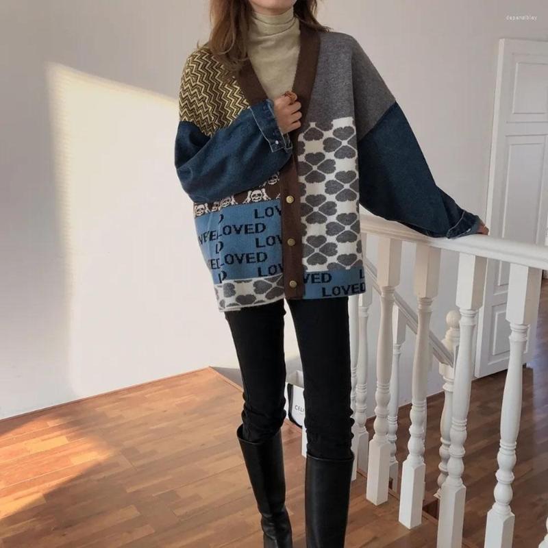 

Women's Knits Large Size Women Spring Fall Denim Splice Cardigans Full Sleeve Knitted Sweaters V Neck Basic Knitwear Jacket Loose Cardigan, Pink
