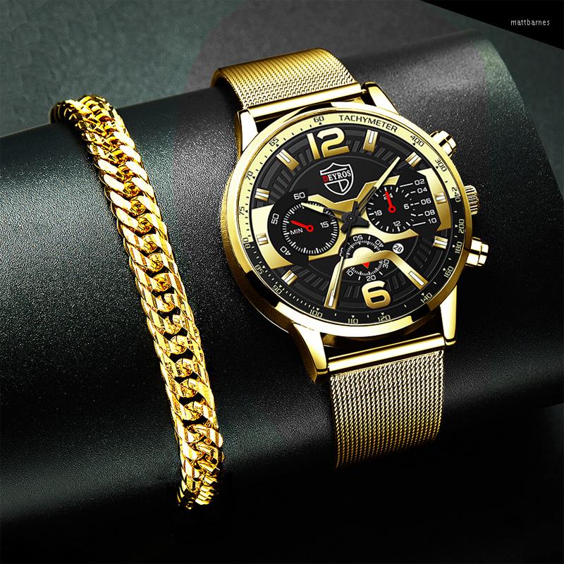 

Wristwatches Luxury Mens Bracelets Watches Fashion Men Stainless Steel Mesh Belt Quartz Watch Business Casual Male Clock Relogio Masculino, As shown 2