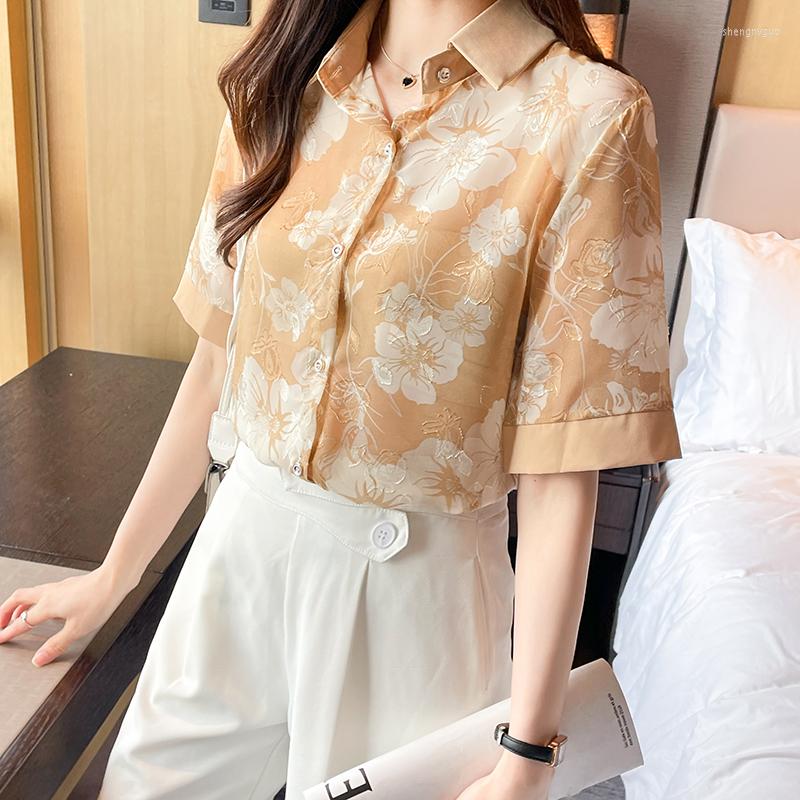

Women's Blouses 2022 Summer Design Korean Fashion Short Sleeve Chiffon Tops Floral Womens Shirts Office Lady V-Neck Patchwork Casual Blouse, Yellow
