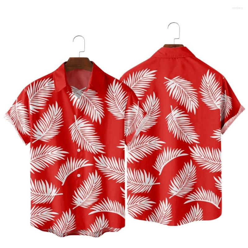 

Men's Casual Shirts 2022 Hawaiian Palm Leaf Pattern Print Shirt Fashion Vacation Beach Style Summer Pocket For Men, 3m37-red