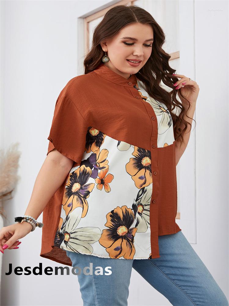 

Women's Polos 2022 Women Blouses Shirts Short Sleeve Summer Casual O Neck Floral Print Oversize Female Large Size Blouse, Orange