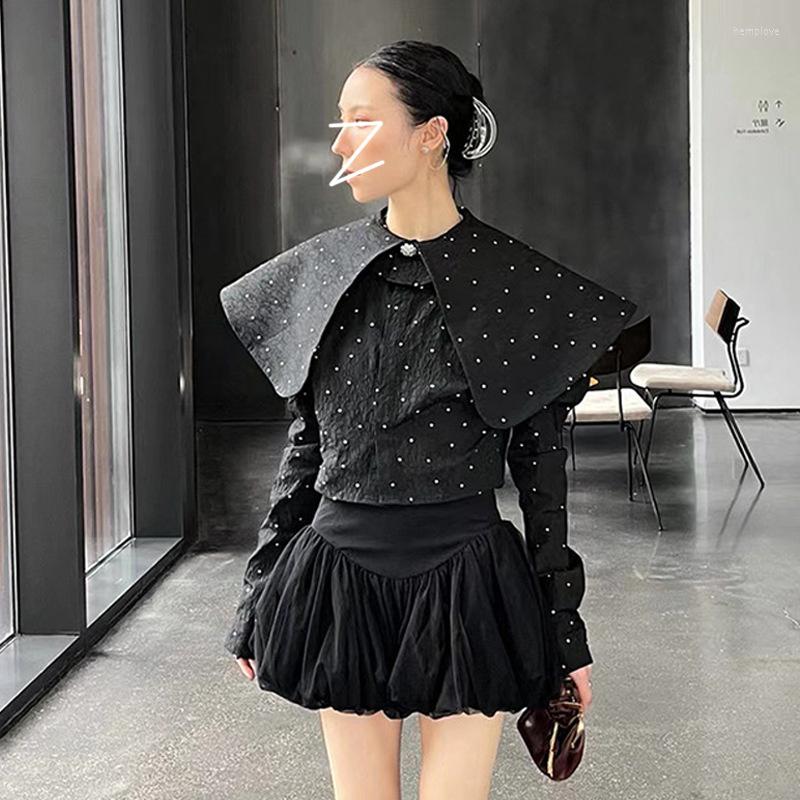 

Women' Blouses High Fashion Textured Cape Collar Polka-Dot Black Shirt 2022 Autumn Designer Elegant Women Single-Breasted Short Top Blouse