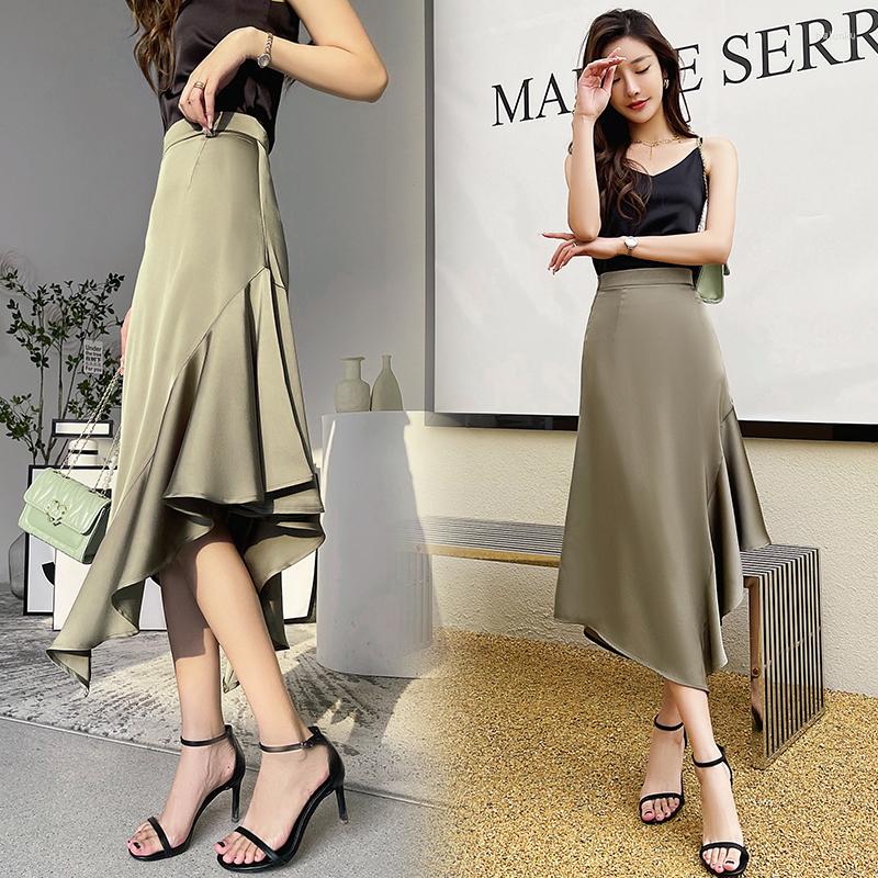 

Skirts TingYiLi Side Ruffle Irregular Bodycon Midi Skirt Women Summer High Low Black Pink Green Satin Korean Sexy Fishtail