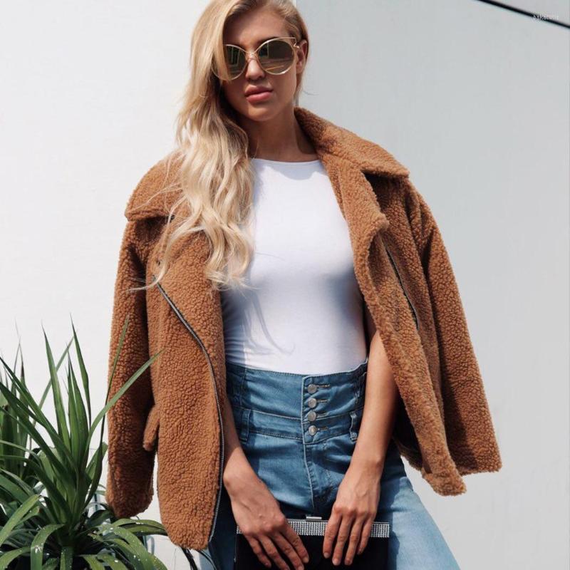 

Women's Fur Women Casual Turn-Down Collar Long Sleeve Winter Loose Solid Thick Coat Zipper Closure Warm Outwear, Brown