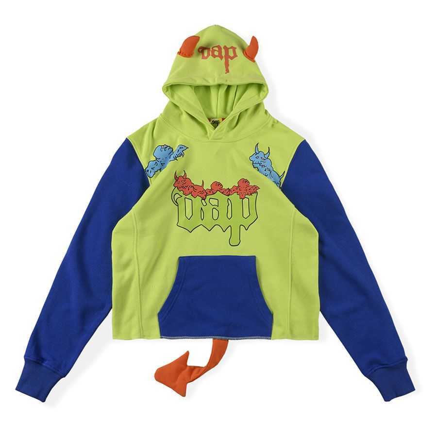 

European and American Fashion Br Trippie Redd Demons Splicing Horn Tail Men Women Spoof Sweater, Greenish yellow