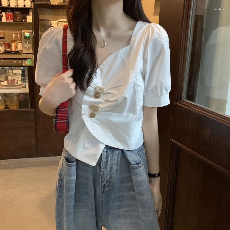 

Women' Blouses Blouse Women Shirt Irregular V-neck White Women' Spring Clothes 2022 Bubble Short Sleeves Top Blusas Mujer