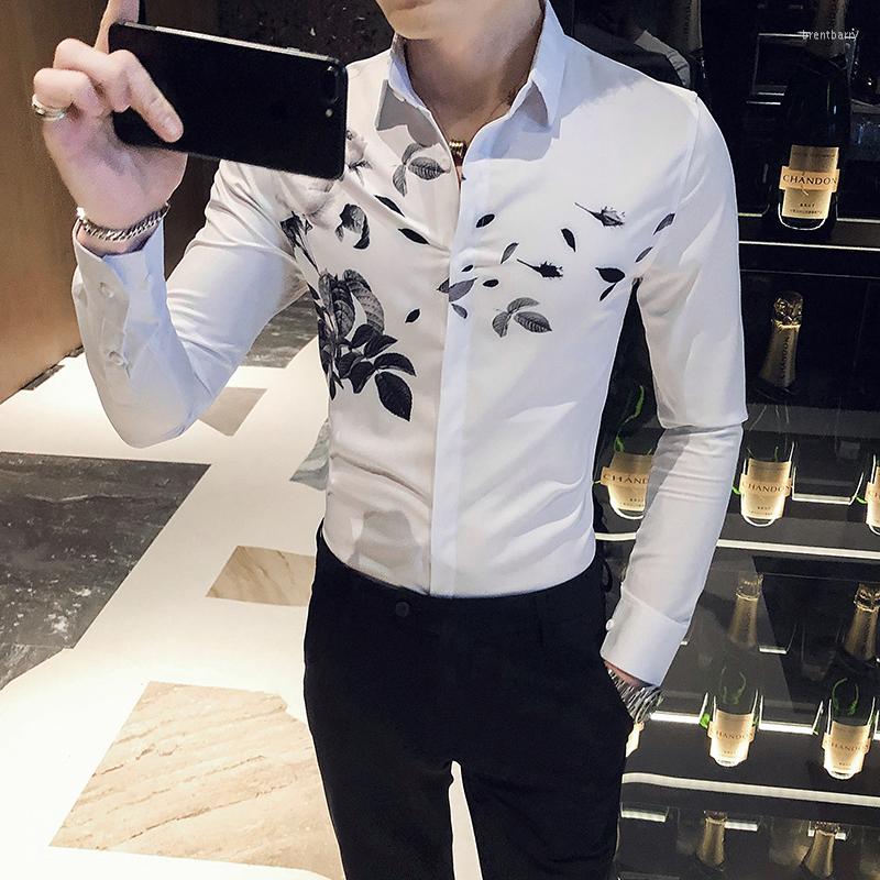 

Men's Casual Shirts Black/White Stylish Print Club Tuxedo Shirt Men Clothing 2022 Long Sleeve Simple All Match Slim Fit Camisa Masculina 3XL