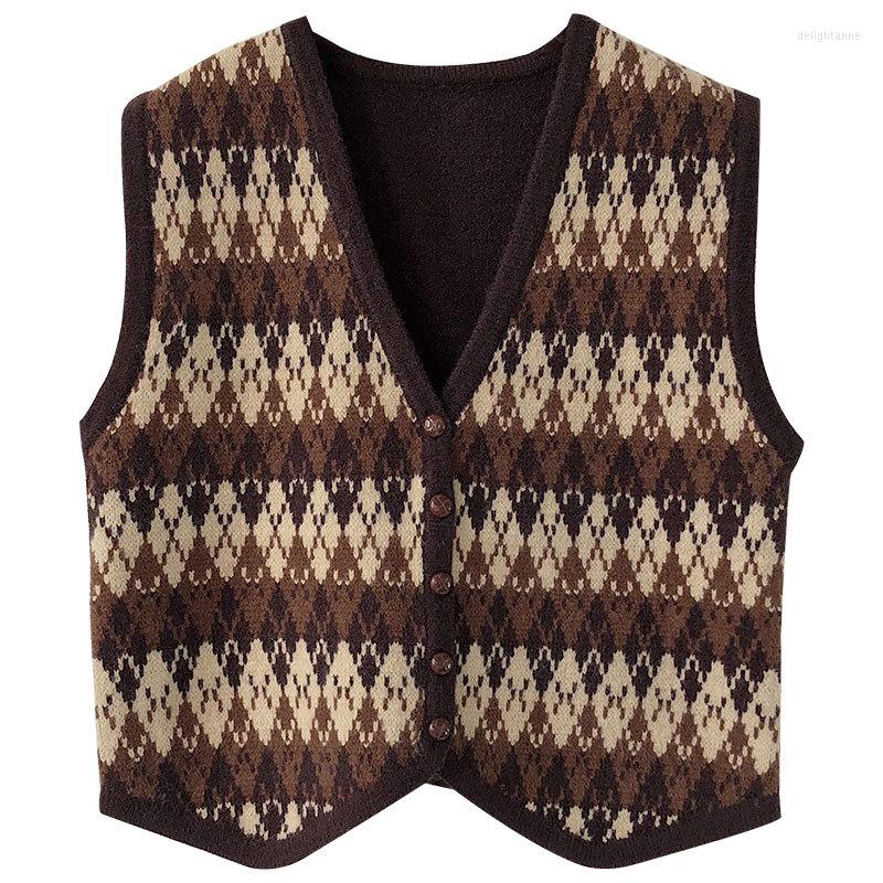 

Women' Vests Autumn Retro Plaid Vest Western Style Loose Sleeveless Sweater V-neck Waistcoat Knitted Cardigan Women Chalecos Paramujer, Beige