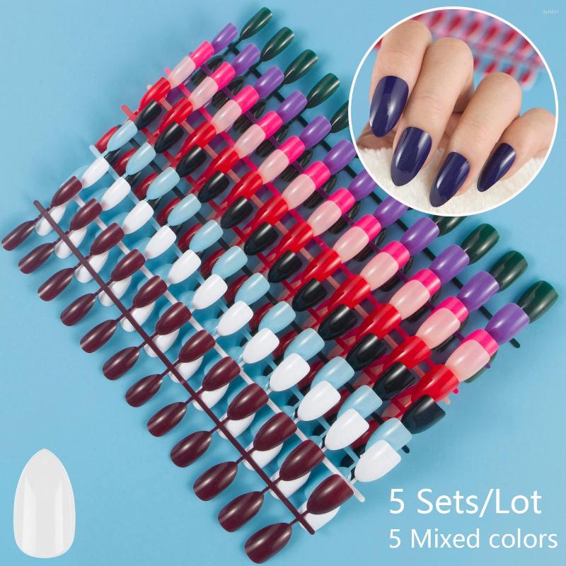 

False Nails 5 Different Solid Colors Short Almond Shape Nail Tips Full Cover 24pcs/set Fashion Fake DIY Kits Press On, F48 5 sets