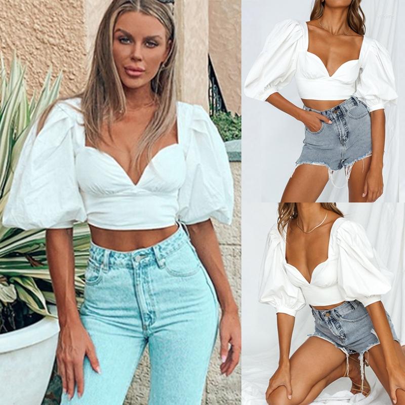 

Women' T Shirts Design Puff Sleeve Top Waist Low-Cut Sexy Shirt With Clavicle White