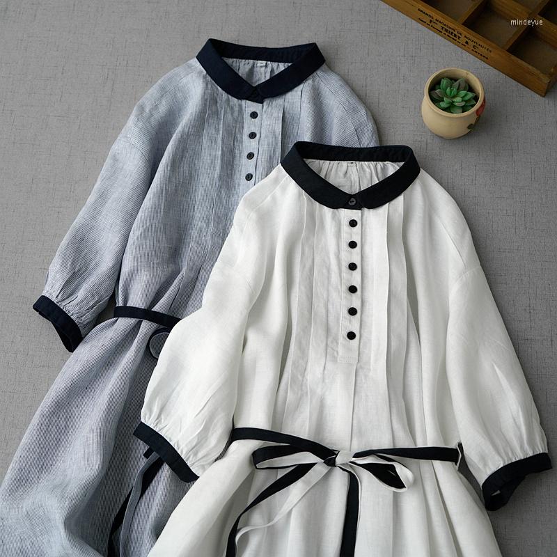 

Casual Dresses Summer Women Loose Elegant Color Contrast Comfortable Natural Breathable Water Washed Linen W/h Belts, Blue stripe