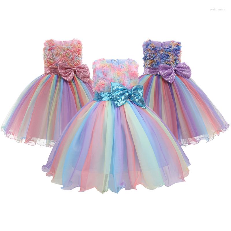 

Girl Dresses 1-10 Years Old Flowers Girls Dress Summer Rainbow Mesh Bow Baby Princess For Christmas Birthday Party Kids Clothes, As the picture