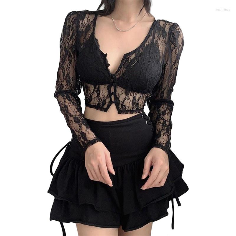 

Women' Blouses Women Sexy Lace Sheer Crop Tops Cardigan Female Long Sleeve V-neck Vintage Button Slim Fit T-shirt Blouse Clubwear For, Black