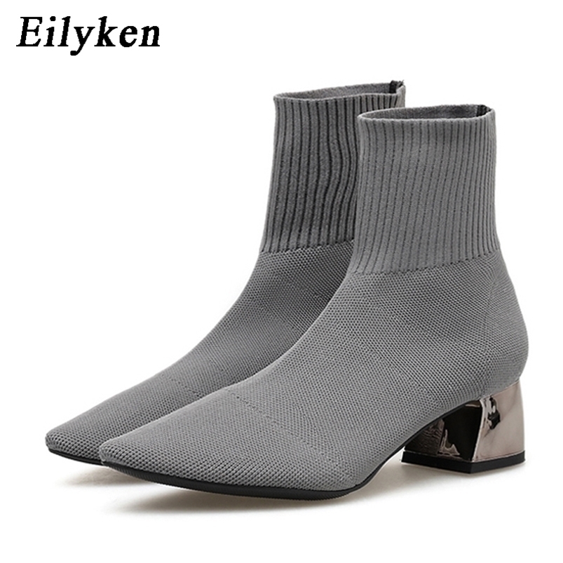 

Boots EilyKen Autumn Winter Knitted Stretch Fabric Socks Women Low heel Short Gray PointedToe Female Ankle Booties 221006