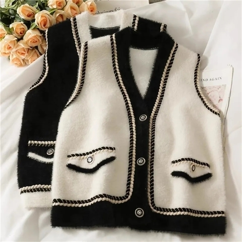 Femmes tricots t-shirts mode coréenne col en V court pull gilet femmes Vintage boutonné tricoté gilet élégant vison polaire sans manches Cardigan