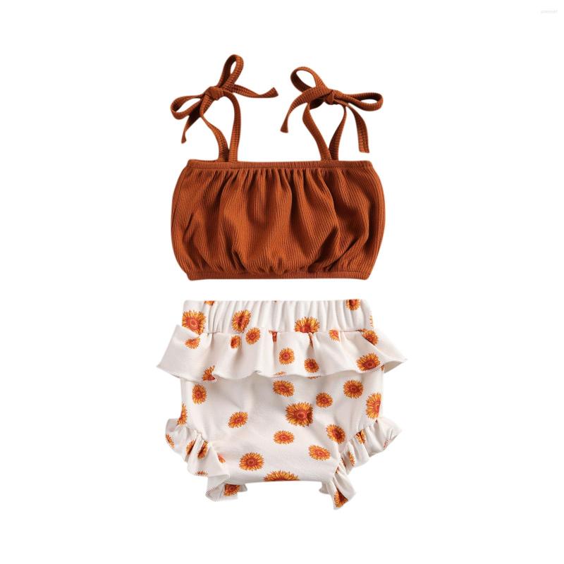 

Clothing Sets Born Baby Girls 2-piece Outfit Set Sleeveless Solid Color Ribbed Vest Tops Sunflower Print Shorts, Picture shown