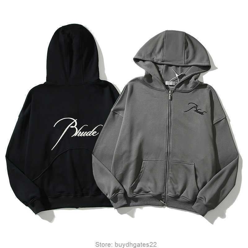 

Fashion Brand Rhude Bullet Zipper Letter Embroidered Hoodie 2022 Spring Autumn Trend Men' Women' Coat, Black