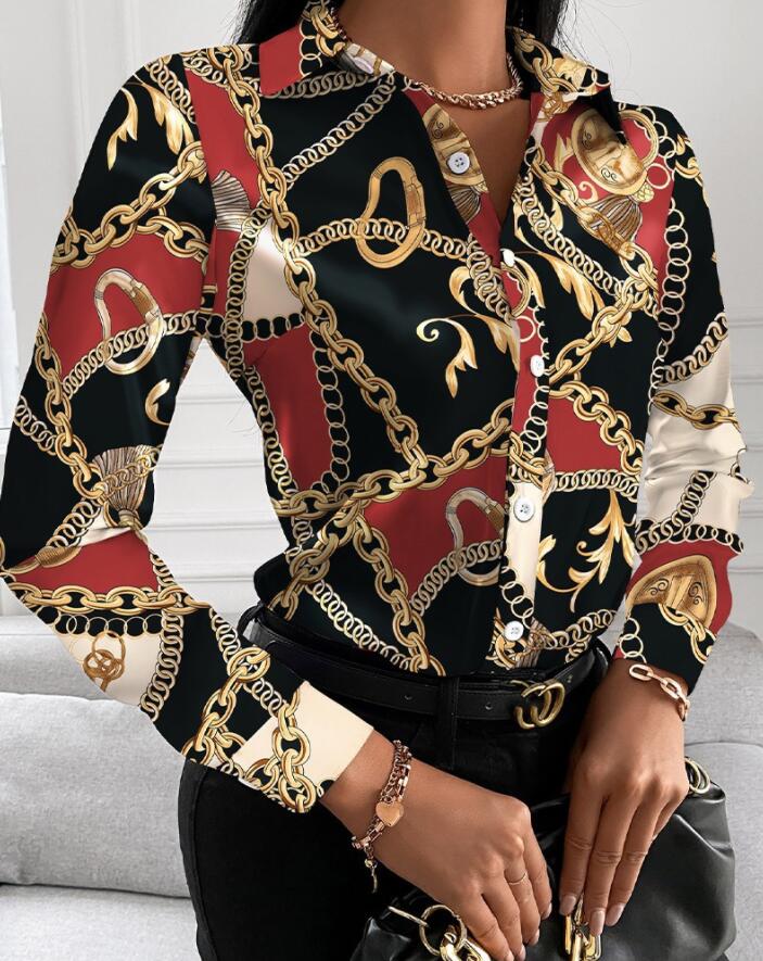 

2023 SUMMER women' blouse shirts Fashion Chain Leopard Printed Lady Office Shirt Elegant Turn-down Collar Blouse Casual Button Long Sleeve New Autumn Women Tops