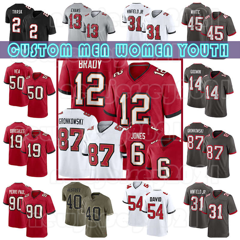 

12 Tom Brady 14 Chris Godwin 85 Julio Jones Football Jersey Mike Evans Rob Gronkowski Devin White Logan Hall Antoine Winfield Jr Leonard Fournette Kyle Trask Vita Vea, Custom mens(h d)