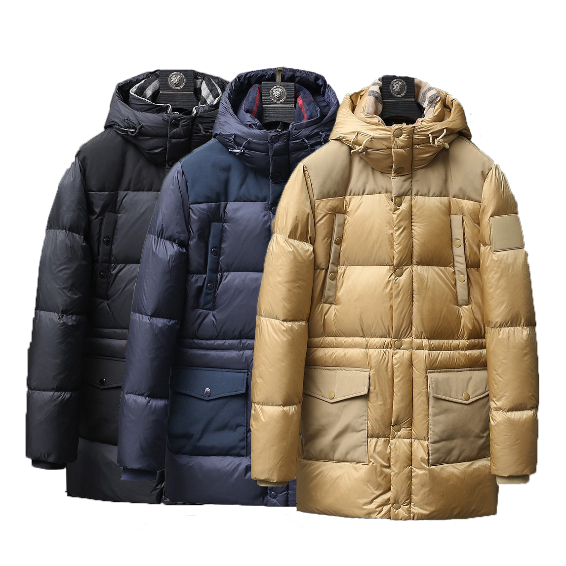 

British Style Designer luxury Mens Long Down Jacket Canada North Winter Hooded Patchwork Fleece Plaid Collar Coat Puffer Jackets Outdoor Men Clothing -3XL, Black