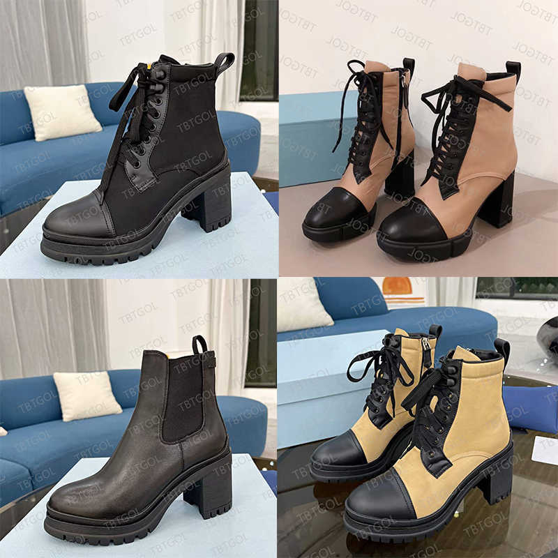 

Designer Plaque Boots High Platform Ankle Boot Women Nylon Black Leather Combat Boots High Heel Winter Boot 7.5cm 9.5cm With Box NO256