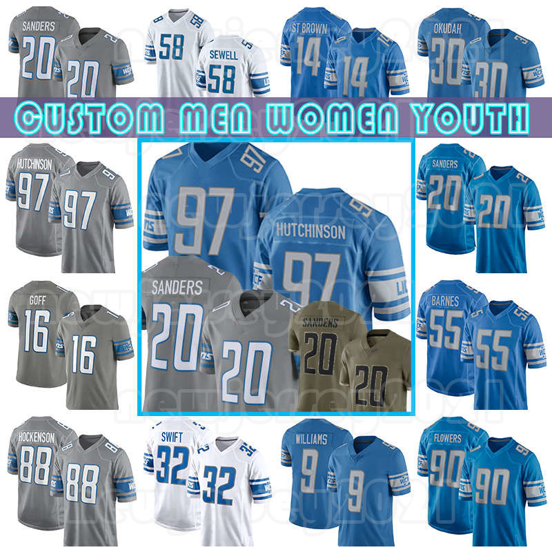 

97 Aidan Hutchinson 14 Amon-Ra St. Brown 9 Jameson Williams Football Jared Goff Jerseys Barry Sanders D'Andre Swift T.J. Hockenson Penei Sewell Derrick Barnes Jack Fox, Custom youth (x s)