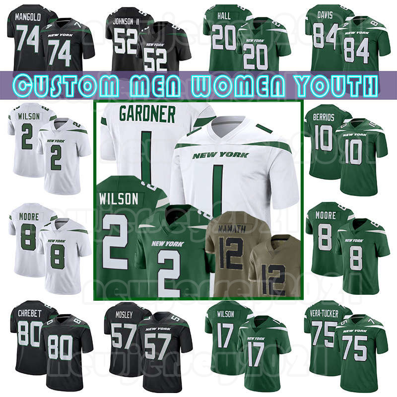 

2 Zach Wilson 1 Sauce Gardner Elijah Moore Football Jersey Garrett Wilson Breece Hall Alijah Vera-Tucker Jermaine Johnson II Braxton Berrios Mekhi Becton Corey Davis, Custom mens(p q j)