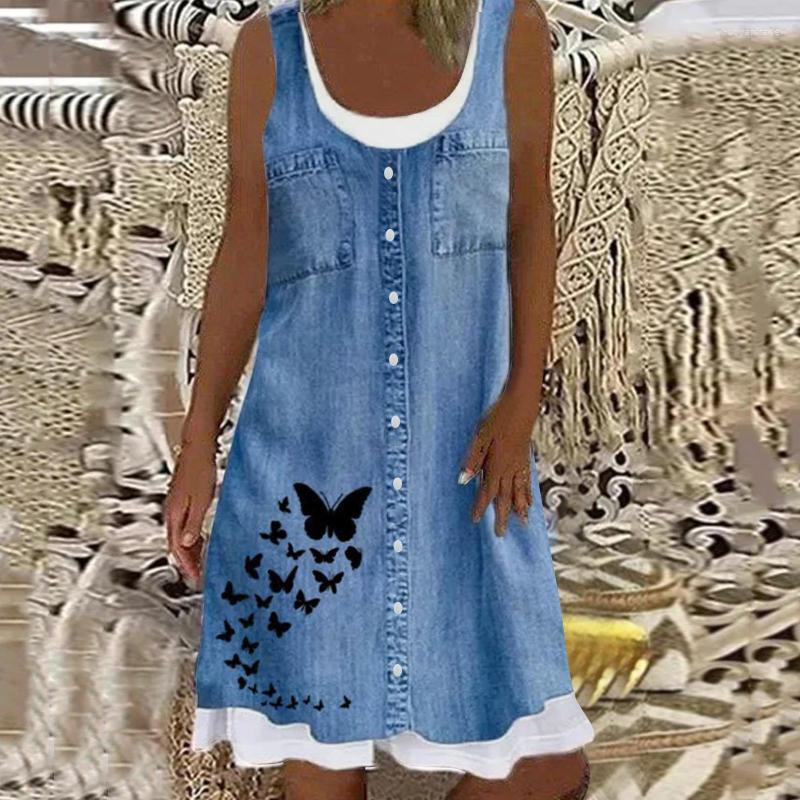 

Casual Dresses Fashion Women' Summer Holiday O Neck Sleeveless Denim Dress Midi Party Print Beach Sundress VestidosCasual, Black