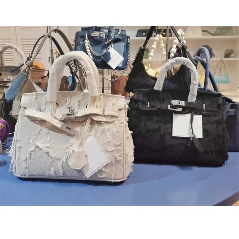 

Genuine Leather Bags Herme Birkins Handbags fashion new Bag large women capacity denim tassel sailcloth hand, Black 30