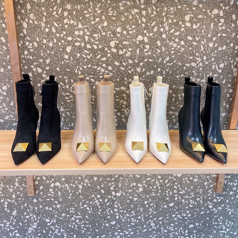 

top quality Casual Shoes Luxury Design Women Ankle Boots Fashion Big Rivets Genuine Leather Pointed Toe Short Boot Runway Outfit High Heels Party Dress Booties Sprin, As show