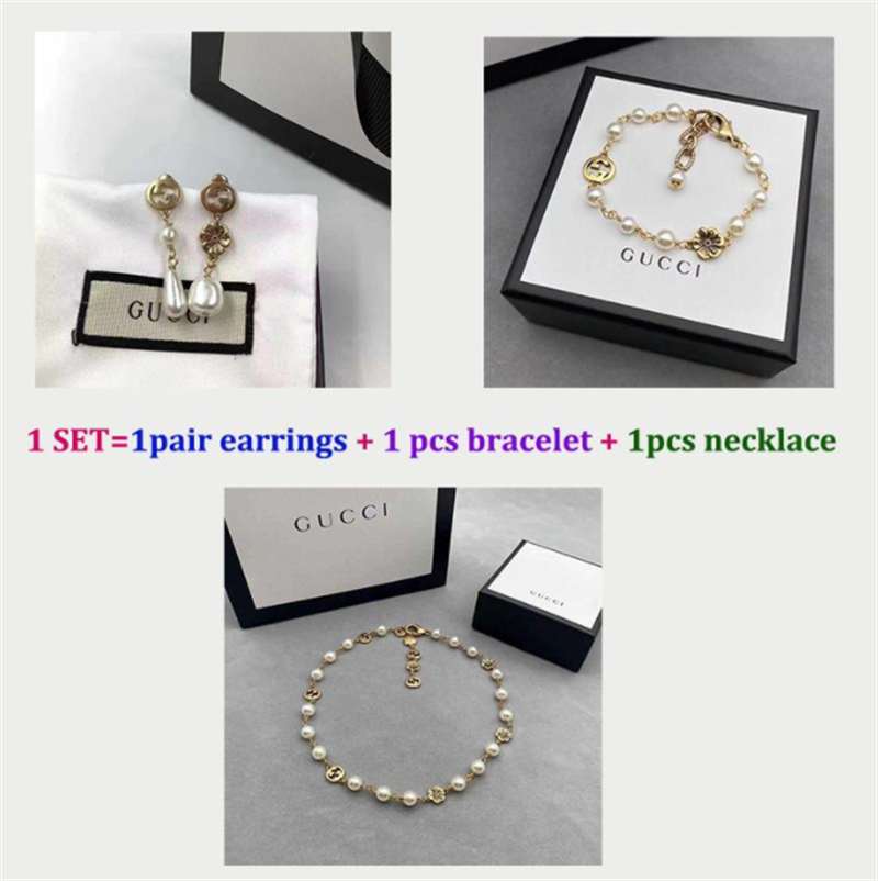 Dupe Gu-cci Femme Collier Bracelet Boucles d'Oreilles avec Boîte Cadeau Arts Entrelacement Double G Fleur Perle