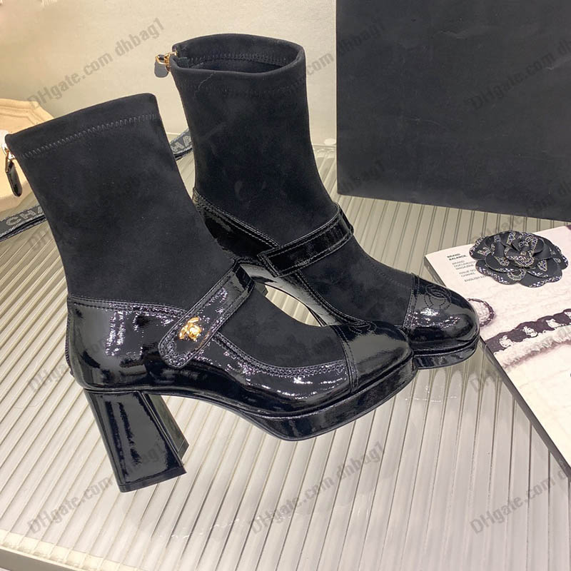 

Womens Socks Ankle Boots Patent Leather Chunky Heel Height 7.5cm Designer Snow Rainboots Zipper Quilted Texture Round Toes Fashion Knight Rivet With Dresses Shoes, Black