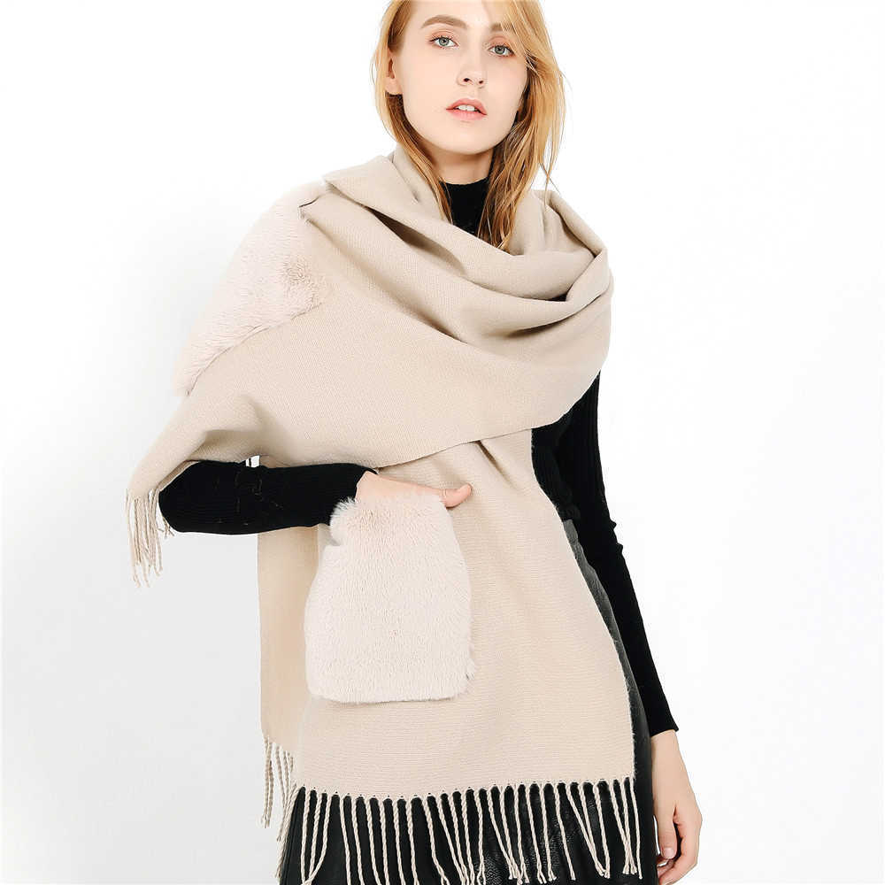 

Scarves 2020 New Design Ladies Cashmere Scarf With Fur Pocket Winter Fashion Warm Shawl Long Cape Female Poncho Solid For Women G221007