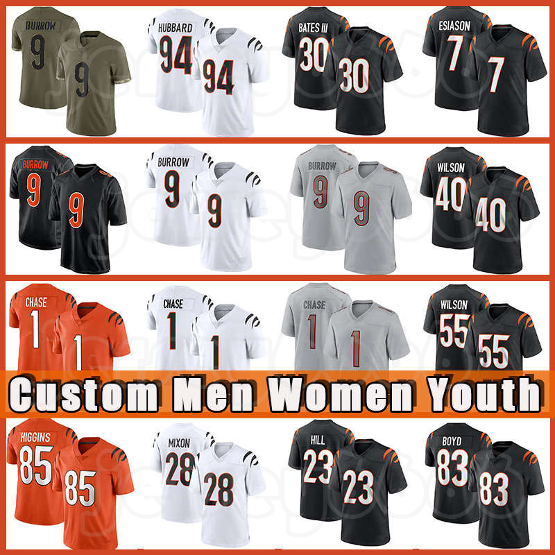 

9 Joe Burrow 1 Ja'Marr Chase Football 28 Joe Mixon Jersey Tee Higgins Evan McPherson Jessie Bates III Sam Hubbard Trey Hendrickson Logan Wilson Tyler Boyd Daxton Hill, Custom youth(m h)
