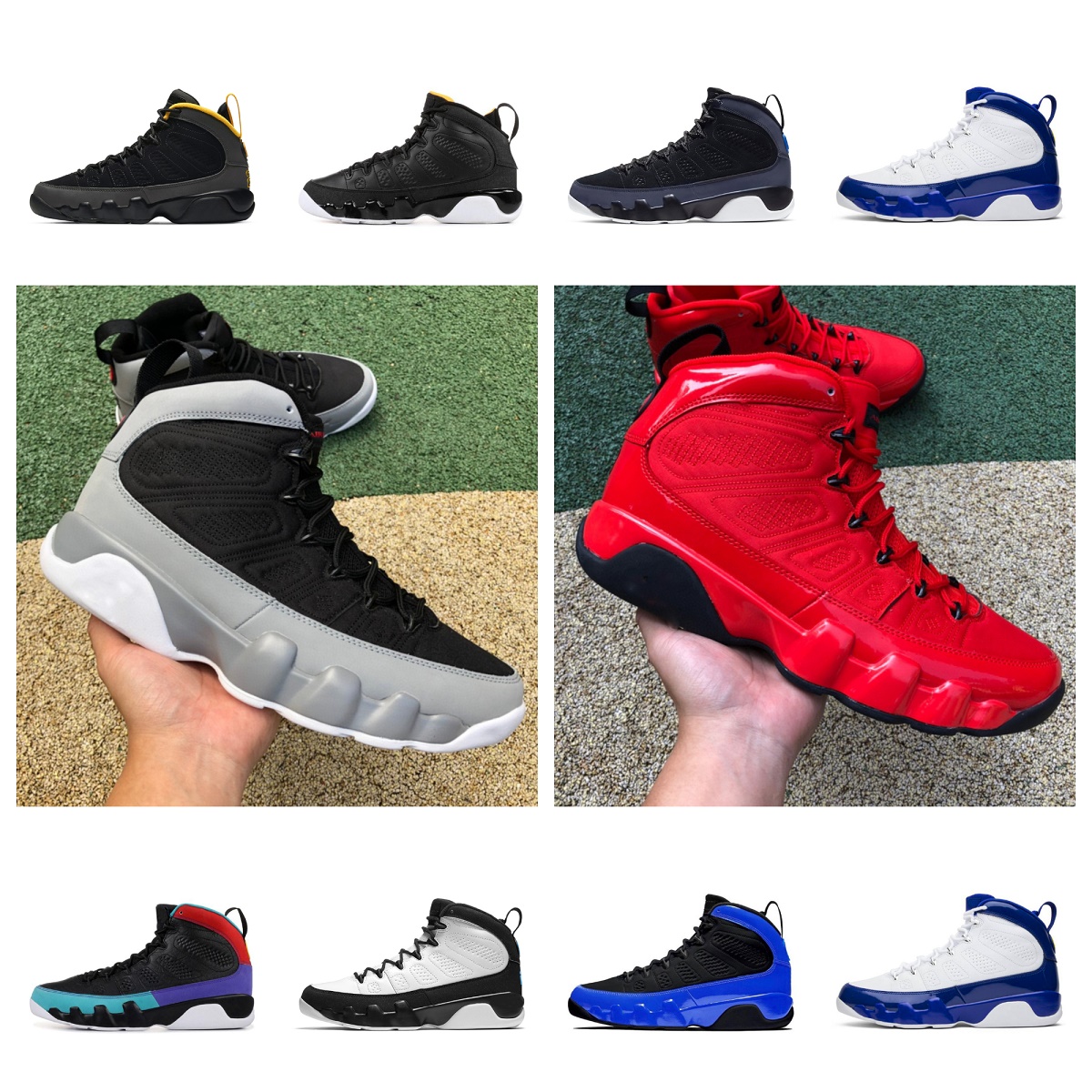 

Jumpman 9 OG Mens Basketball Shoes 9s Chile Red University Blue Gold Barons Particle Grey Bred Patent Space Jace Dark Charcoal Cool Grey Men Trainers Sports Sneakers, Bubble package bag