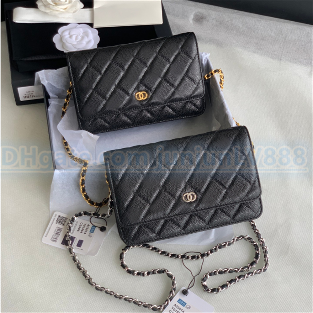 

High quality Women's genuine leather Shoulder bags handbag Plaid purse Double letter solid buckle Sheepskin caviar pattern Totes Cross body wallet Hobo Evening Bag, Paper box
