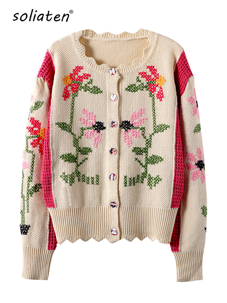 2022 automne Cardigan femmes marque de mode broderie florale rose évider pull noué piste femme haut C-161