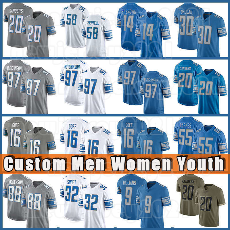 

97 Aidan Hutchinson 16 Jared Goff Football Amon-Ra St. Brown Jerseys D'Andre Swift 9 Jameson Williams Barry Sanders T.J. Hockenson Penei Sewell Derrick Barnes D.J. Chark Jr, Custom youth (x s)