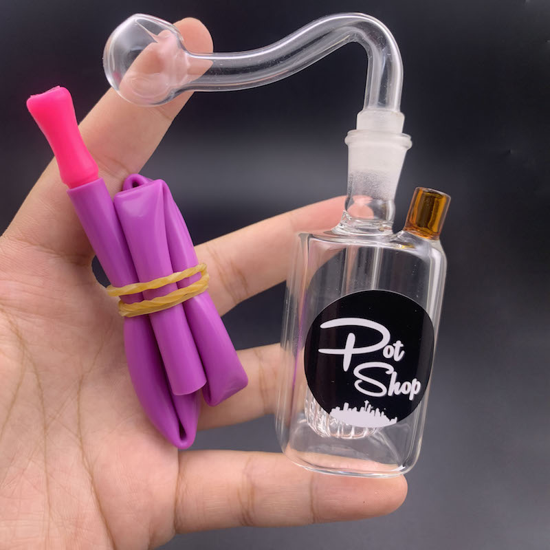 

Wholesale Mini 10mm female Brand Square Glass water oil rig bong pipe with bowl and colorful silicone straw