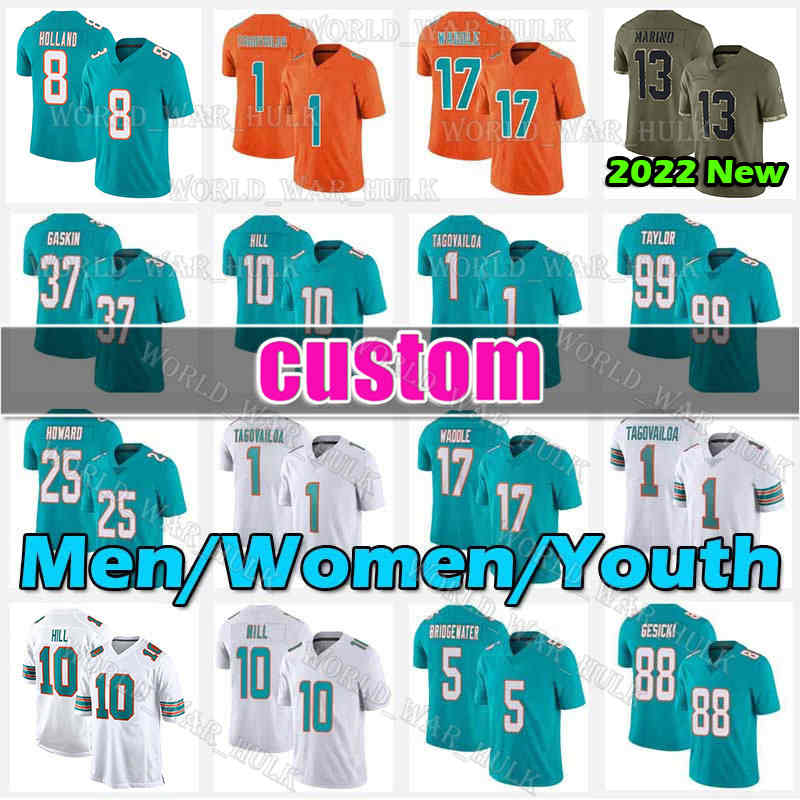 

1 Tua Tagovailoa Jersey 10 Tyreek Hill Football 17 Jaylen Waddle Dan Marino Miamis Jevon Holland 25 Xavien Howard Raheem Mostert Dolphins Mike Gesicki 3 Myles Gaskin, Men custom (h t)